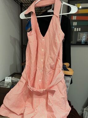 Maeve Red and White Seersucker Halter Button-Front romper size L